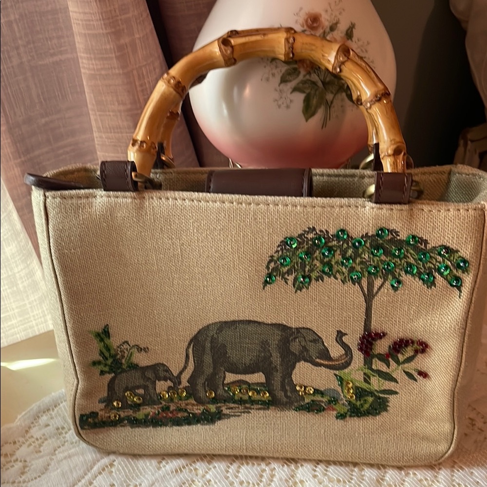Relic Cream and Green Tote with Bamboo Handles